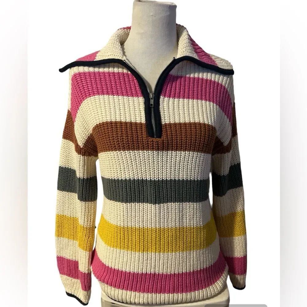 Women’s Chunky Knit Quarter Zip Colorful Striped Sweater Cotton Wool Blend Small